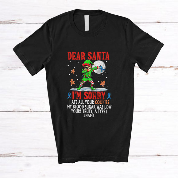 MacnyStore - Personalized Custom Name My Blood Sugar Low; Joyful Diabetes Ribbon Christmas Dabbing Elf T-Shirt