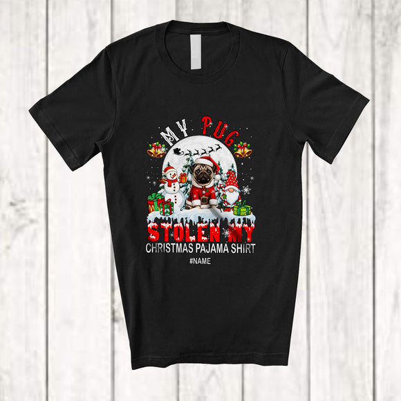 MacnyStore - Personalized Custom Name Pug Stolen My Christmas Pajama Shirt; Joyful Moon Santa Gnome T-Shirt