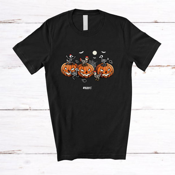 MacnyStore - Personalized Custom Name Skeleton Chickens On Pumpkin; Horror Halloween Farmer Family T-Shirt