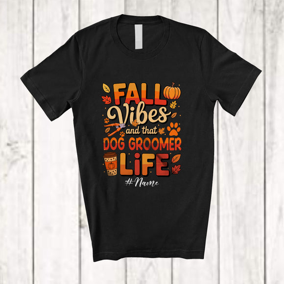 MacnyStore - Personalized Custom Name Fall Vibes Dog Groomer; Proud Thanksgiving Coffee Pumpkin T-Shirt