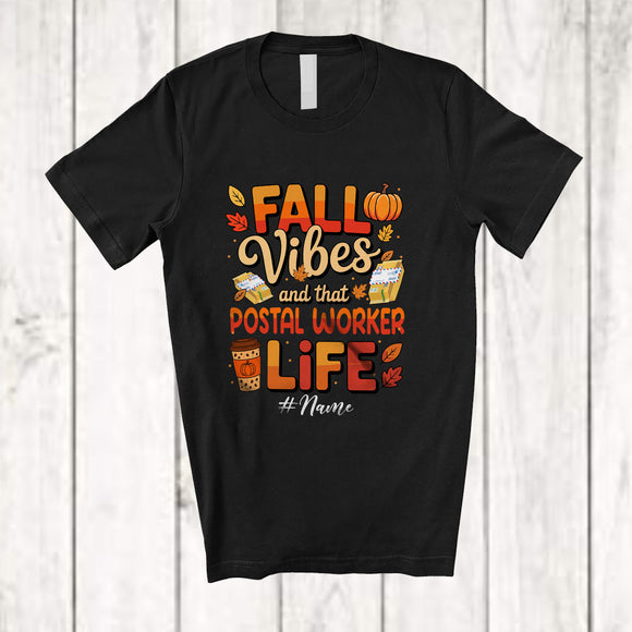 MacnyStore - Personalized Custom Name Fall Vibes Postal Worker; Proud Thanksgiving Coffee Pumpkin T-Shirt