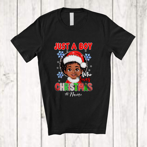 MacnyStore - Personalized Custom Name Boy Who Loves Christmas; Amusing Santa Afro Black Boy; Family T-Shirt