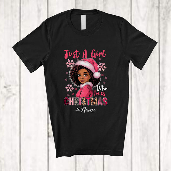 MacnyStore - Personalized Custom Name Girl Who Loves Christmas; Amusing Santa Afro Black Women; Family T-Shirt