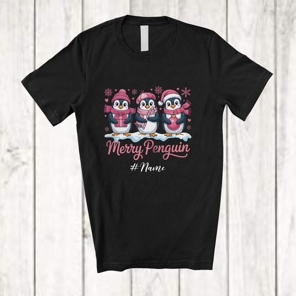 MacnyStore - Personalized Custom Name Merry Penguin; Adorable Christmas Three Pink Santa Penguin; Family T-Shirt