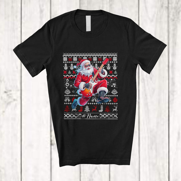MacnyStore - Personalized Custom Name Santa Playing Rock Guitar; Joyful Christmas Sweater Guitarist Player T-Shirt