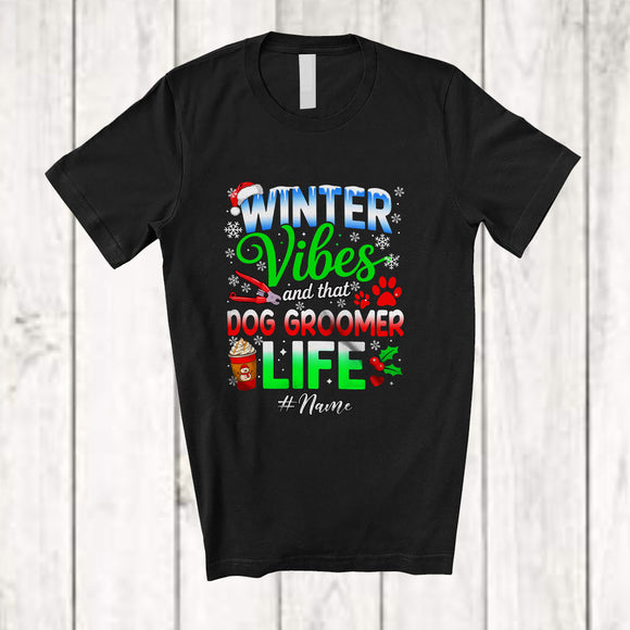 MacnyStore - Personalized Custom Name Winter Vibes Dog Groomer; Proud Christmas Snow Santa Coffee T-Shirt