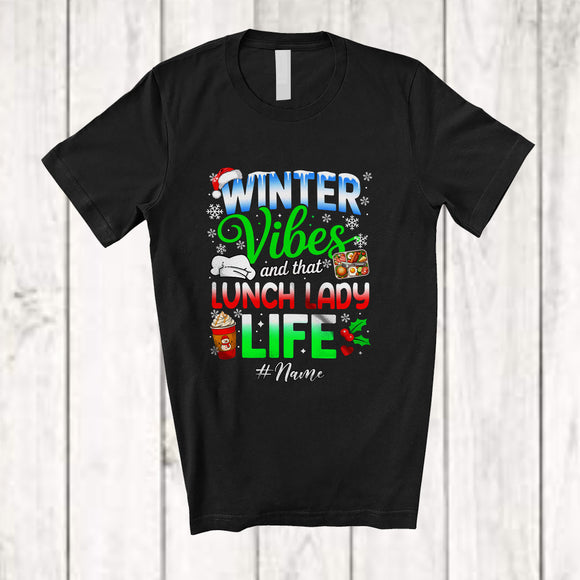 MacnyStore - Personalized Custom Name Winter Vibes Lunch Lady; Proud Christmas Snow Santa Coffee T-Shirt