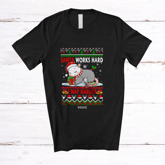 MacnyStore - Personalized Custom Name Santa Works Hard Nap Harder; Lovely Christmas Sweater Opossum Sleeping T-Shirt