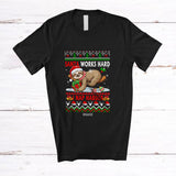MacnyStore - Personalized Custom Name Santa Works Hard Nap Harder; Lovely Christmas Sweater Sloth Sleeping T-Shirt