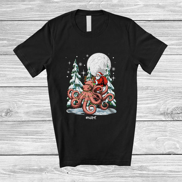 MacnyStore - Personalized Custom Name Santa Riding Octopus; Amusing Christmas Tree Moon Santa Sea Animal T-Shirt