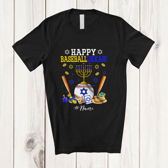 MacnyStore - Personalized Custom Name Happy Baseballukkah; Joyful Hanukkah Lights Baseball Ball Player T-Shirt