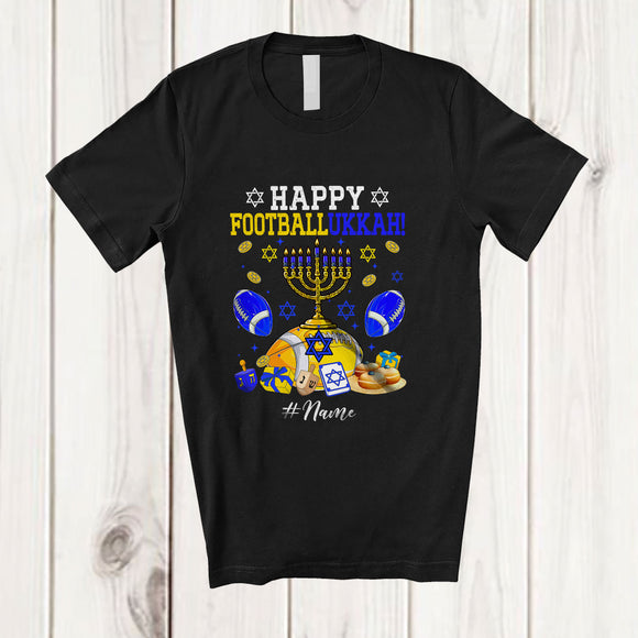 MacnyStore - Personalized Custom Name Happy Footballukkah; Joyful Hanukkah Lights Football Ball Player T-Shirt