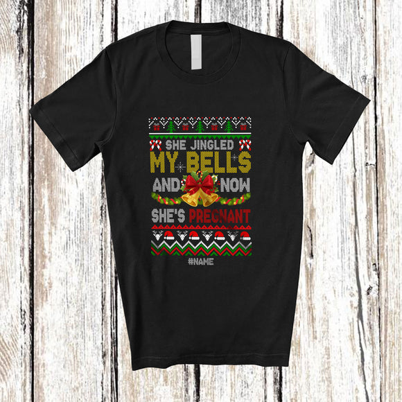MacnyStore - Personalized Custom Name She Jingled My Bells Pregnant; Joyful Christmas Sweater Pregnancy Couple T-Shirt