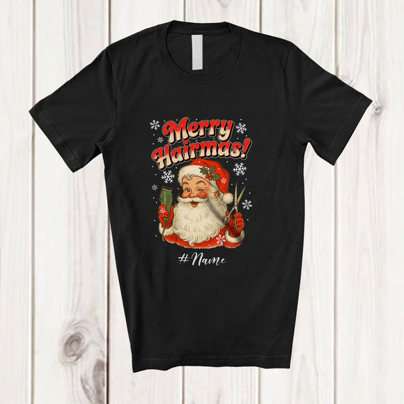 MacnyStore - Personalized Custom Name Merry Hairmas; Humorous Christmas Santa Hair Stylist Barber T-Shirt