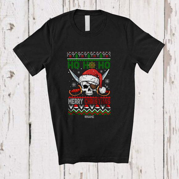 MacnyStore - Personalized Custom Name 3Ho Merry Christmas; Joyful Sweater Santa Skull Cross Bone Pirate T-Shirt