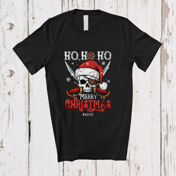 MacnyStore - Personalized Custom Name 3Ho Merry Christmas; Humorous Santa Skull Cross Bone Pirate T-Shirt
