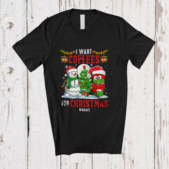 MacnyStore - Personalized Custom Name I Want Coffees For Christmas; Cheerful Santa Coffee Lover; Family T-Shirt