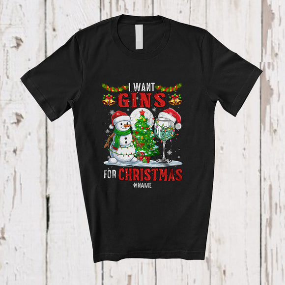 MacnyStore - Personalized Custom Name I Want Gins For Christmas; Cheerful Santa Drinking Drunker T-Shirt