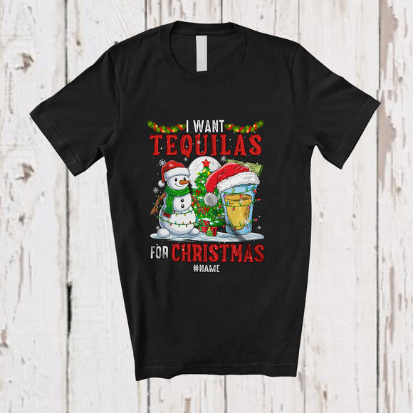 MacnyStore - Personalized Custom Name I Want Tequilas For Christmas; Cheerful Santa Drinking Drunker T-Shirt