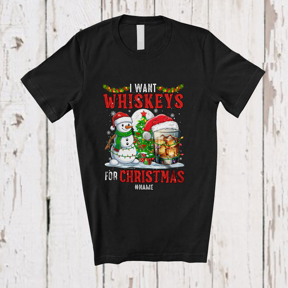 MacnyStore - Personalized Custom Name I Want Whiskeys For Christmas; Cheerful Santa Drinking Drunker T-Shirt