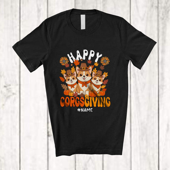 MacnyStore - Personalized Custom Name Happy Corgsgiving; Lovely Thanksgiving Three Pilgrim Corgi; Family T-Shirt