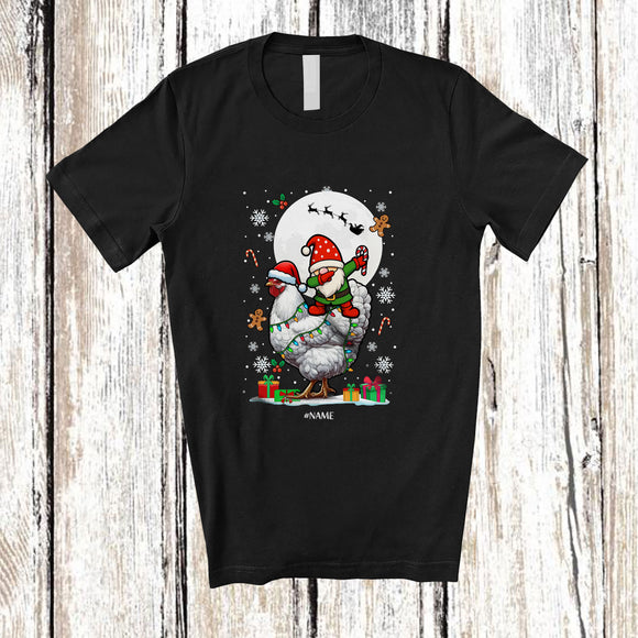 MacnyStore - Personalized Dabbing Gnome Riding Chicken; Amusing Christmas Lights Custom Name Farmer T-Shirt