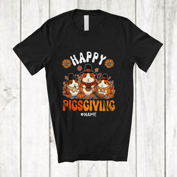 MacnyStore - Personalized Custom Name Happy Pigsgiving; Lovely Thanksgiving Three Pilgrim Guinea Pig; Family T-Shirt