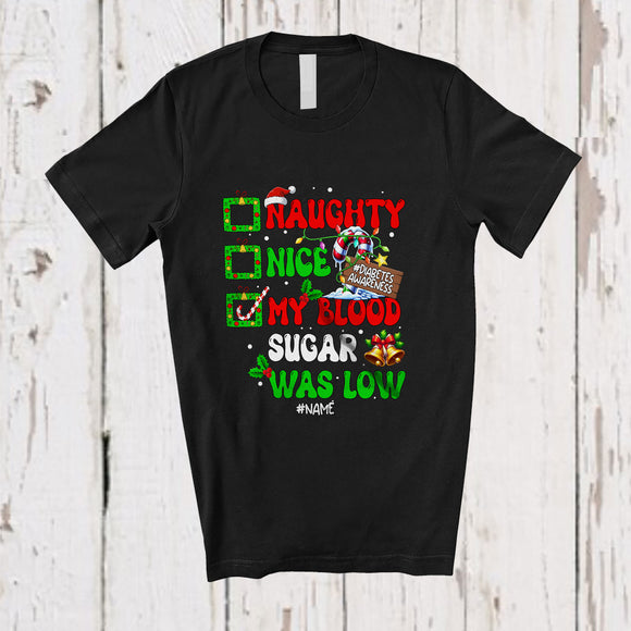 MacnyStore - Personalized Custom Name Nice Naughty Blood Sugar Low; Merry Christmas Diabetes Santa T-Shirt