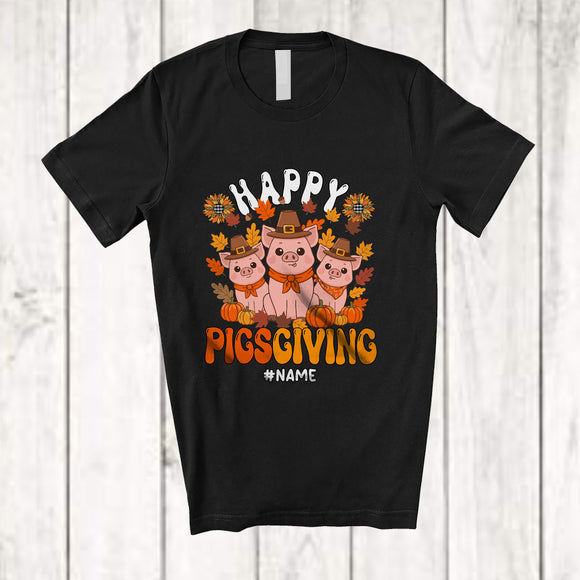 MacnyStore - Personalized Custom Name Happy Pigsgiving; Lovely Thanksgiving Three Pilgrim Pig; Family T-Shirt