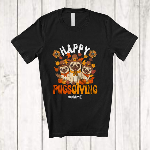 MacnyStore - Personalized Custom Name Happy Pugsgiving; Lovely Thanksgiving Three Pilgrim Pug; Family T-Shirt