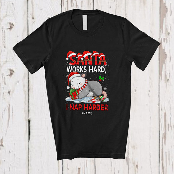 MacnyStore - Personalized Custom Name Santa Works Hard I Nap Harder; Lovely Christmas Opossum Sleeping T-Shirt