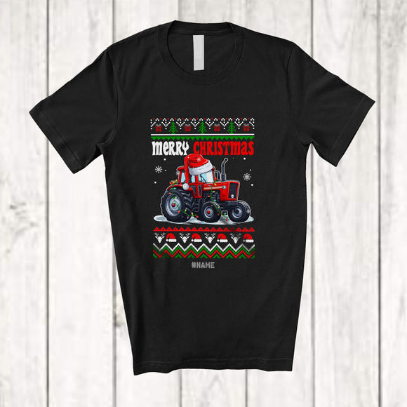 MacnyStore - Personalized Custom Name Merry Christmas; Humorous Christmas Sweater Santa Tractor Lover T-Shirt