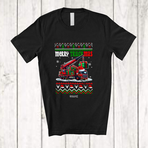 MacnyStore - Personalized Custom Name Merry Truckmas; Humorous Christmas Sweater Santa Crane Truck Lover T-Shirt