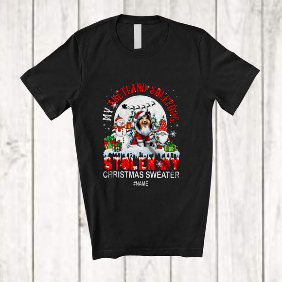 MacnyStore - Personalized Custom Name Shetland Sheepdog Stolen My Christmas Sweater; Joyful Moon Gnome T-Shirt
