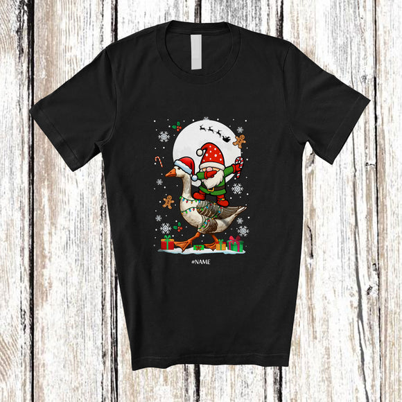 MacnyStore - Personalized Dabbing Gnome Riding Goose; Amusing Christmas Lights Custom Name Farmer T-Shirt