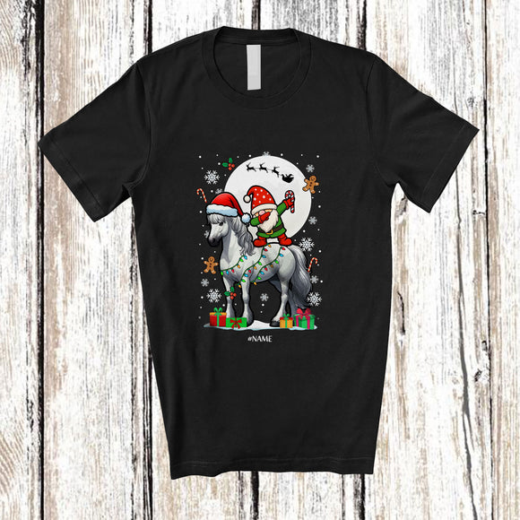 MacnyStore - Personalized Dabbing Gnome Riding Horse; Amusing Christmas Lights Custom Name Farmer T-Shirt