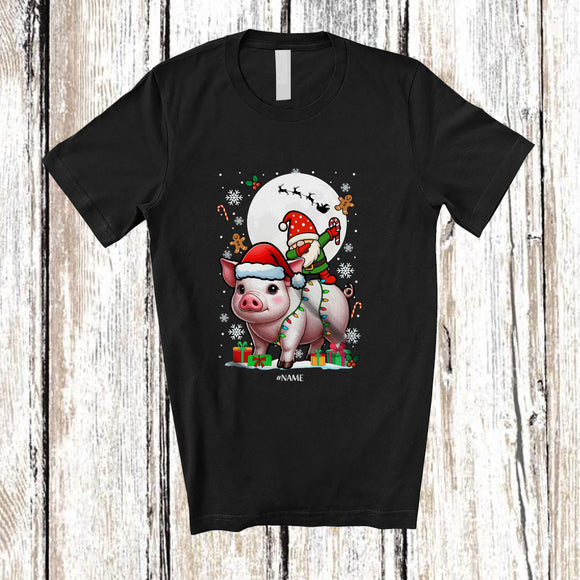 MacnyStore - Personalized Dabbing Gnome Riding Pig; Amusing Christmas Lights Custom Name Farmer T-Shirt