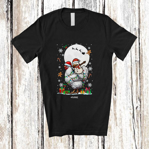 MacnyStore - Personalized Dabbing Snowman Riding Chicken; Amusing Christmas Lights Custom Name Farmer T-Shirt