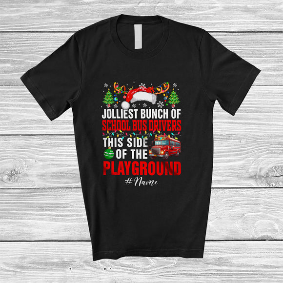 MacnyStore - Personalized Custom Name Jolliest Bunch Of School Bus Drivers; Proud Christmas Santa Reindeer T-Shirt