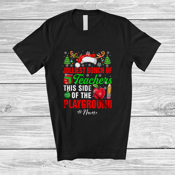 MacnyStore - Personalized Custom Name Jolliest Bunch Of Teachers; Proud Christmas Santa Reindeer T-Shirt