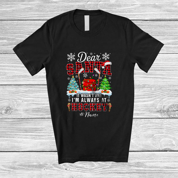 MacnyStore - Personalized Custom Name Santa It Wasn't Me; Amusing Christmas Red Plaid Hockey Player T-Shirt