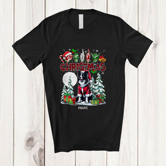 MacnyStore - Personalized Custom Name Merry Christmas ASL Sign Language; Lovely Plaid Border Collie T-Shirt
