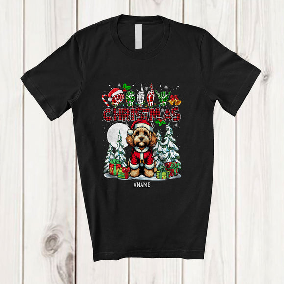 MacnyStore - Personalized Custom Name Merry Christmas ASL Sign Language; Lovely Plaid Santa Cockapoo T-Shirt