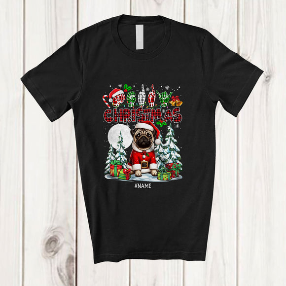MacnyStore - Personalized Custom Name Merry Christmas ASL Sign Language; Lovely Plaid Santa Pug T-Shirt