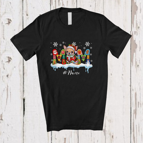MacnyStore - Personalized Custom Name Mom; Colorful Christmas Lights Santa Chihuahua Owner; Family T-Shirt
