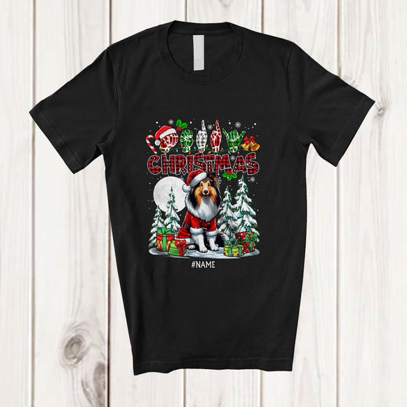 MacnyStore - Personalized Custom Name Christmas ASL Sign Language; Lovely Plaid Shetland Sheepdog T-Shirt