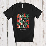 MacnyStore - Personalized Custom Name Jesus Is The Reason For The Season; Merry Christmas Plaid Cross; Family T-Shirt