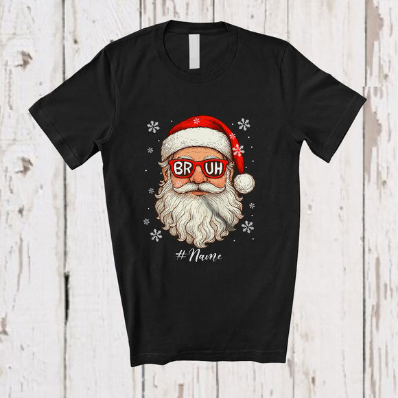MacnyStore - Personalized Custom Name Bruh Santa Face Sunglasses; Humorous Christmas Snowing Family Group T-Shirt