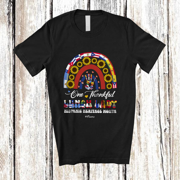 MacnyStore - Personalized Custom Name Thankful Lunch Lady; Proud Hispanic Heritage Month Rainbow Sunflower T-Shirt