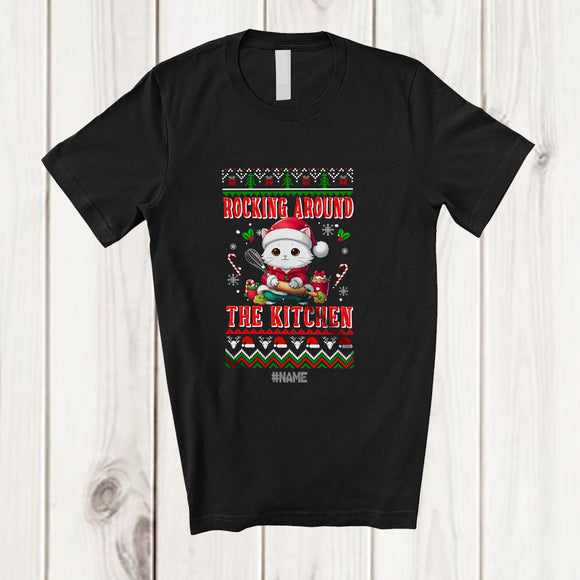 MacnyStore - Personalized Custom Name Rocking Around The Kitchen; Lovely Christmas Santa Cat; Baker T-Shirt